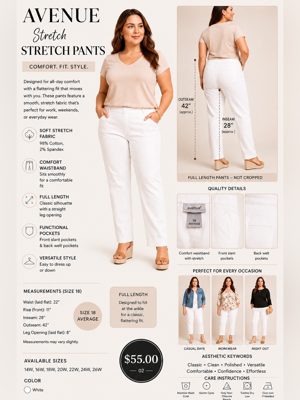 Avenue White Stretch Chinos